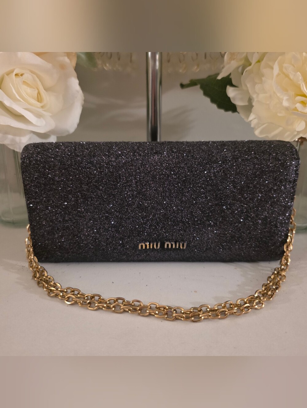 Miu Miu Black Glitter Chain Shoulder Bag / Wallet On Chain